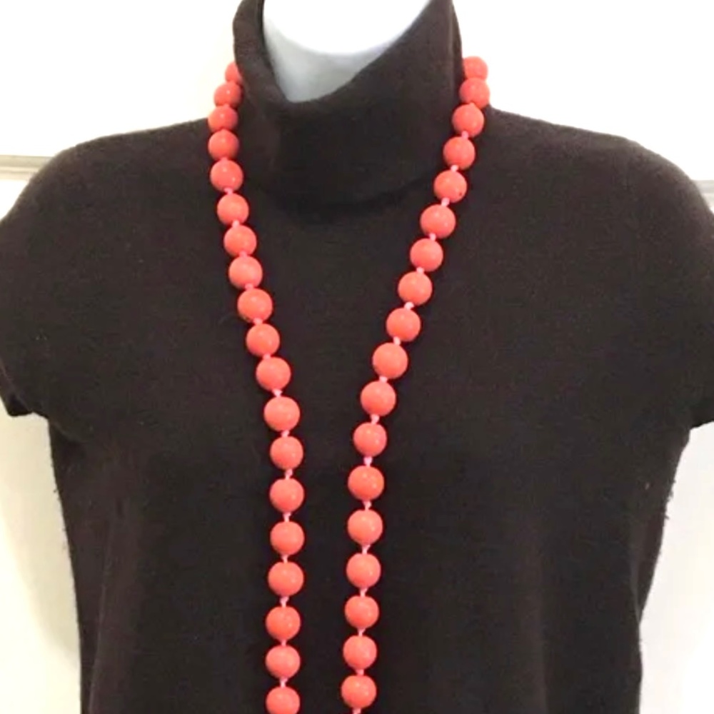 coral (stone unknown) necklace, long, heavy, hand knotted 40”